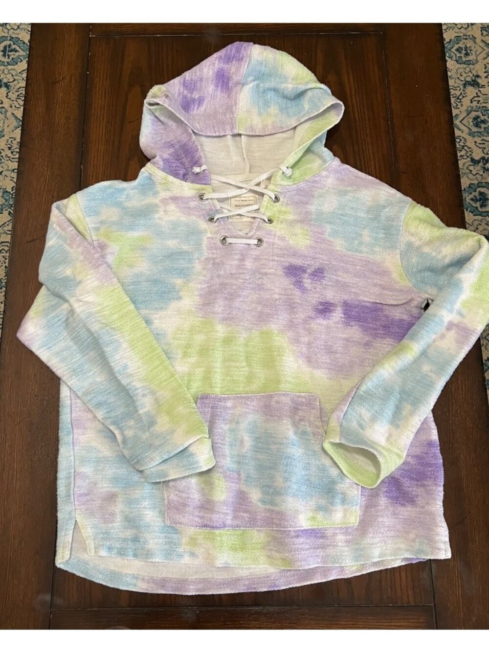 Southern Spirt Pastel Tie Dye Lace Front Pullover Hoodie Top Pocket Medium